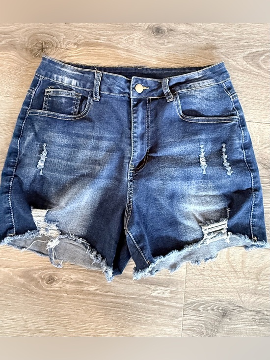 unknown Pants - Distressed High-Rise Denim Shorts in Blue